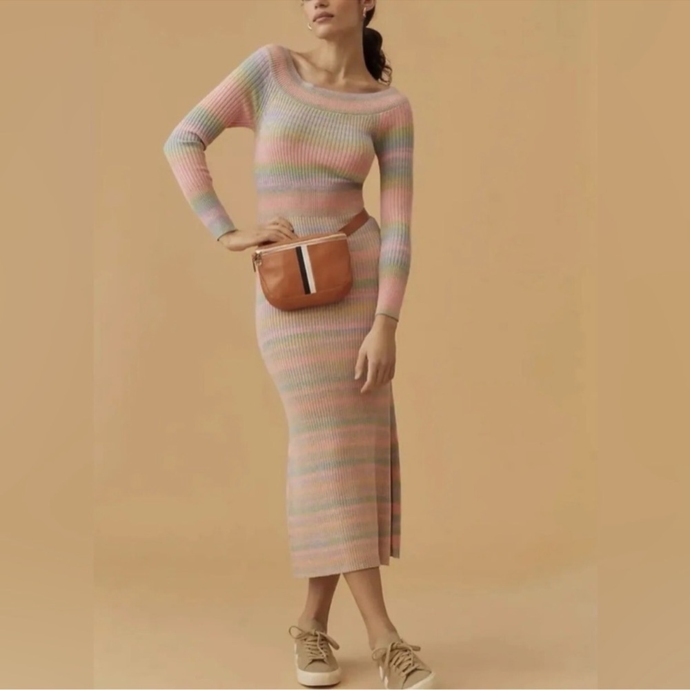 Anthropologie Daily Practice Striped Ribbed Sweater Boatneck Dress Size M